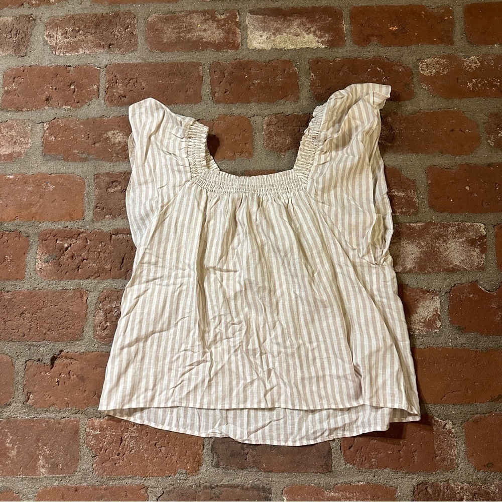 A New Day Medium cream & beige striped to with ruffle sleeves and square neck - Picture 7 of 9